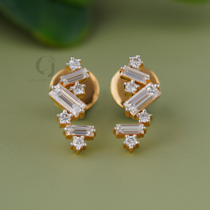 Modernos Pendientes de Barra con Diamantes de Laboratorio de 0.59CT, Oro Rosa de 14K, Diseño de Racimo Redondo y Baguette, Pendientes Asimétricos, Joyería de Diseño, Regalo - Product Image 2