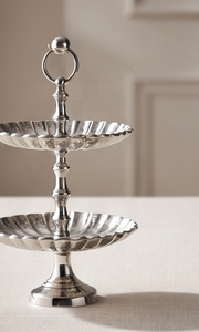 Premium Silver Metal 2 <b>Tier</b> <b>Cake</b> <b>Stand</b> with Ring Handle Pedestal Base Scalloped Pastry Cupcake Display Serving Plate - Product Image 2