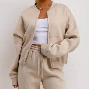 Women's Beige Tracksuit Set Full Zipper Crew Neck Long Sleeve Loose Fit Solid Color Casual Autumn Wear 100% Cotton - Product Image 6