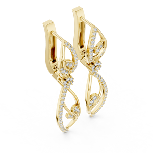 Boucles d'oreilles pendantes en or jaune 18 carats avec diamants de laboratoire ronds, style feuille florale pavée, qualité DEF VVS, fermoir russe, bijoux fins pour cadeau - Product Image 3
