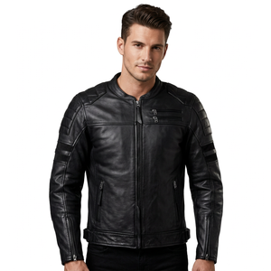 Veste en cuir pour homme, coupe ajustée, col rabattable, fermeture éclair, style coupe-vent, vêtements d'automne - Product Image 2