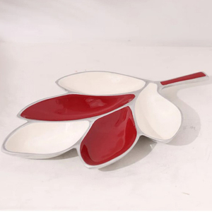 Plateau de service pour le petit-déjeuner, vaisselle de table, usage traiteur, couleur émail blanc et rouge exclusive, forme de feuille - Product Image 1