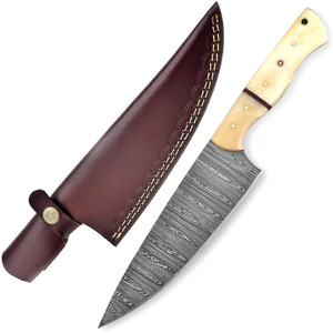TRAJINTERPRISES Handmade Damascus Steel Single Chef <b>Knife</b> <b>Bone</b> <b>Handle</b> Leather Sheath Drop Point Blade Quick-Change Customizable - Product Image 1