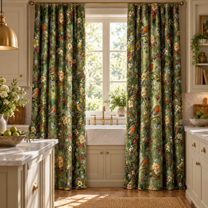 Cortinas Opacas de Terciopelo Verde con Diseño Floral y Apliques de Aves para Sala de Estar - Product Image 2