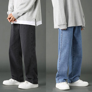 Jean en denim ample à jambe large pour homme, taille mi-haute, délavage effet neige, vintage, 100% coton, tissé uni, coupe-vent, imperméable, pantalon décontracté - Product Image 4