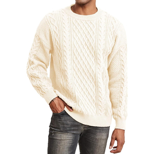 Pull en tricot torsadé à col rond pour homme, vert uni, manches longues, 100% laine, épais, pour l'hiver, anti-boulochage, tricoté à la main - Product Image 3