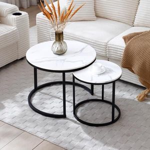 Set of 2 Movable Coffee <b>Tables</b> <b>White</b> Gray Top with Black Frame Circular <b>Round</b> Marble Pattern Wooden Base for Living Room Bedroom - Product Image 2