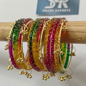 Luxury Multicolor Glass <b>Bangles</b> Set with Crystal Stone Work and Gold Ghungroo Handmade Bridal Jewelry for Womenc - Product Image 4