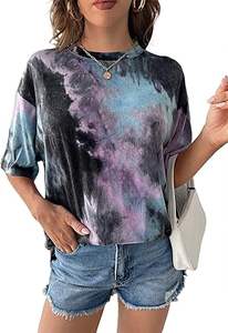 T-shirt en toile à col rond pour femme, motif tie-dye, manches courtes, broderie vintage, délavage acide, respirant, vente en gros - Product Image 3