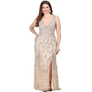 Glamorous Nude Beige Thigh Slit <b>Prom</b> Gown - Luxury <b>Silver</b> Beads Sleeveless Cutout Mermaid Evening <b>Dress</b> - High-End Cocktail Part - Product Image 4