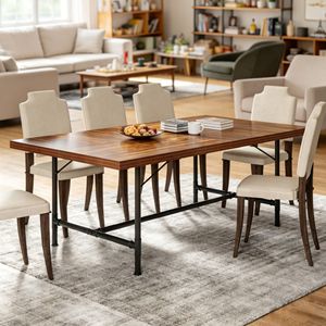 Tavolo da Pranzo in Legno Massello Rettangolare, Arredamento per Sala da Pranzo, Stabile e Assemblato, con Caratteristiche di Pietra Sinterizzata e Marmo - Product Image 1