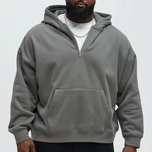 420 Grams Men's Grey Half-<b>Zip</b> <b>Hooded</b> Sweatshirt with Front Pocket Loose Fit Casual Pullover Ribbed Cuffs and Hem - Product Image 4