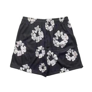 Pantalones Cortos Deportivos Casuales de Malla Blanca Estampada para Hombre con Cordón en la Cintura y Patrón Floral Negro - Product Image 4