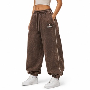 Pantalones deportivos de mujer con lavado ácido, estilo jogger, oversize, vintage, lavados, de descanso, con cintura elástica, de forro polar, informales, atléticos - Product Image 1