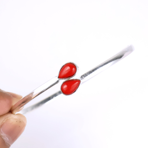 Wholesale 925 Sterling Silver Plated Natural <b>Red</b> Coral Opaque Gemstone Teardrop Cuff Bangle Boho Minimalist Two Stone <b>Bracelet</b> - Product Image 5