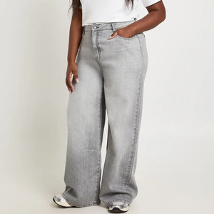 Pantalon décontracté en coton grande taille de haute qualité pour femme, jean taille haute délavé coupe ample jambe large, longueur intégrale, idéal pour l'été - Product Image 1
