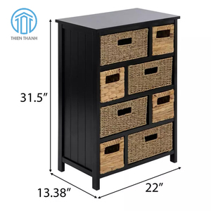 Meuble de rangement en bois noir avec tiroirs et paniers tressés en jonc de mer, organisateur de tiroirs, ensemble de meubles de salon - Product Image 3