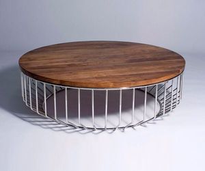 Modern <b>Round</b> Wood Coffee <b>Table</b> With <b>Black</b> Metal Frame Industrial Living Room Furniture - Product Image 2