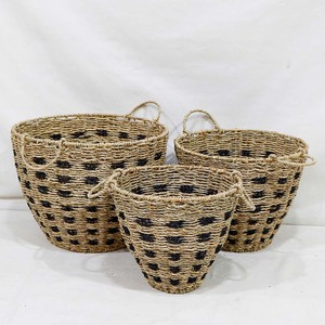 Panier de rangement pour linge en jonc de mer, rond, emboîtable, lot de 3, avec poignées à boucle à motif noir, vente en gros, produit phare - Product Image 3