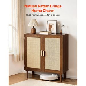 Mobiletto in Rattan con 2 Ante Magnetiche e Ripiani Regolabili, Gambe in Legno, Credenza e Vetrina per Porcellana - Product Image 2
