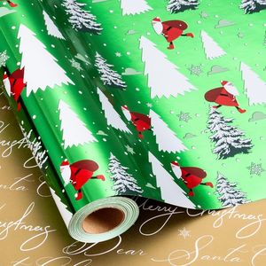 Rotolo di Carta da Regalo Natalizia Verde Reversibile con Lucentezza Metallica, Babbo Natale, Alberi e Scritte Dorate 'Merry', Confezione Regalo per le Festività - Product Image 3