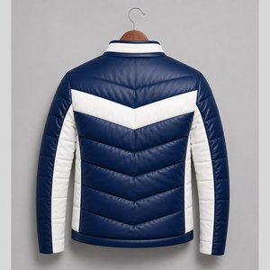 Veste d'hiver décontractée pour homme en cuir matelassé bleu et blanc avec blocs de couleur, col montant et fermeture éclair, coupe-vent - Product Image 2