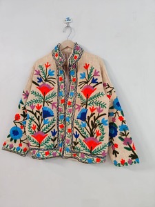 Veste en laine brodée florale bohème, col mandarin, manches longues, fermeture éclair, vêtement d'automne, vêtements décontractés pour adultes - Product Image 1