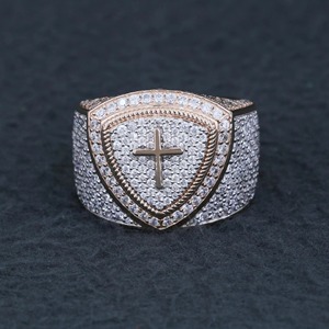 <b>Mens</b> Rose Gold Cross Shield <b>Ring</b> Iced Out Moissanite <b>Pinky</b> <b>Ring</b> Hip Hop Religious Christian Statement <b>Ring</b> Rapper Style - Product Image 1