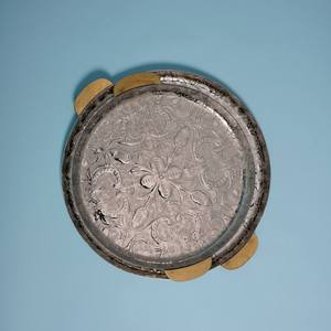 Round Embossed Metal Serving Tray Set with Wooden Handles Vintage Floral Patterned Silver Platters for Home Decor and Catering - Product Image 5