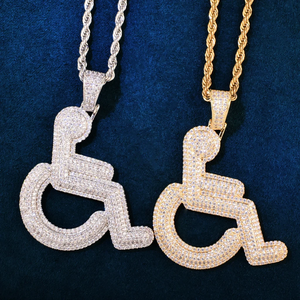 Handicap Sign Pendant Necklace Hip Hop Chain CZ Rapper Jewelry Iced Out Wheelchair Symbol Charm Gold <b>Silver</b> Bling Cuban <b>Choker</b> - Product Image 1