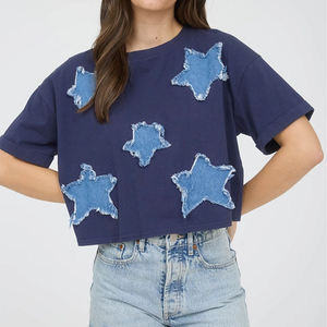 OEM 2026 New Arrival Wholesale Custom Summer Women's Denim Star Patch Short Sleeve Knit <b>T</b>-<b>shirts</b> Made by TRIOTAKE INDUSTRY - Product Image 4