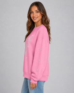 Sudadera Rosa Oversize para Mujer, Forrada para Invierno, Antiencogimiento, con Pedrería y Lentejuelas de Mariposa, Cuello Redondo, Hombros Caídos, Manga Regular - Product Image 5
