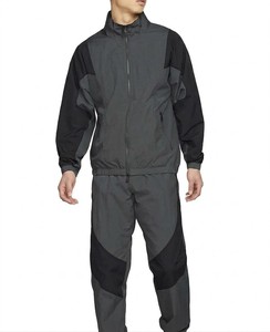 Men's Charcoal Grey And <b>Black</b> Color Block <b>Windbreaker</b> Tracksuit Set Full Zip Jacket With Matching Track Pants Two Piece Suit - Product Image 1
