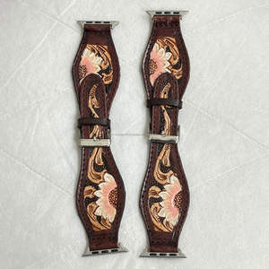 2026 Hand-made Quick Release Genuine Leather Watch Straps Trendy Floral Design Tooled Leather Smart Watch Replacement <b>Wrist</b> <b>Band</b> - Product Image 5