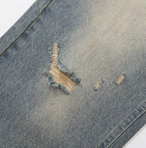 Jean décontracté pour homme, coupe droite, confortable et tendance, en denim épais et respirant, taille élastique, délavé clair uni - Product Image 5