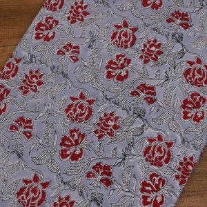 Handmade Grey Cotton <b>Fabric</b> Red Flower Leaf Vine Block Print Pattern for Kurtis Dresses Craft Furnishing - Product Image 3