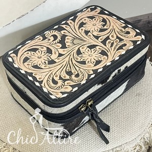 Nuevo organizador de joyas portátil para mujer, de cuero genuino, hecho a mano, con cierre de cremallera y diseño floral de estilo occidental. - Product Image 1