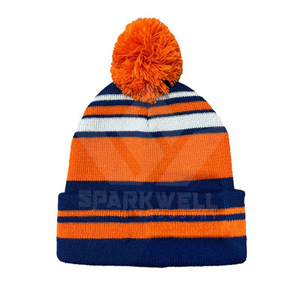 Bonnet en tricot rayé avec pompon pour adultes, unisexe, chapeau d'hiver orange, bleu, blanc, en acrylique, design à revers, tenue décontractée - Product Image 1