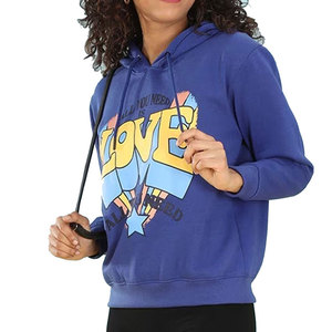 Sudadera con capucha corta para mujer, azul estampado, de manga larga, de forro polar, informal, de color liso, con hombros caídos, tipo jersey. - Product Image 1