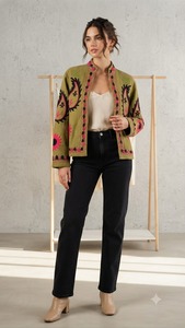 Veste en coton brodée Suzani vert olive pour femme, faite à la main, respirante, en tissu TNT, motif floral rose, style bohème ethnique, vente en gros, mode - Product Image 5