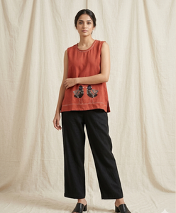 <b>Women</b> Rust Orange Short Cotton <b>Kurti</b> Sleeveless Round Neck Bird Embroidery Loose Fit Casual Ethnic Top Everyday Summer Wear - Product Image 6