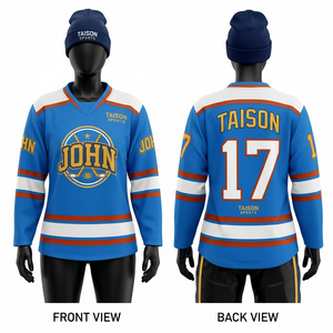 Jersey de Hockey sobre Hielo para Mujer, Tejido Interlock de Poliéster GSM, Estilo Panel Azul, Blanco y Naranja, Transpirable, Sublimación, Logotipo del Equipo, Nombre Personalizado - Product Image 1