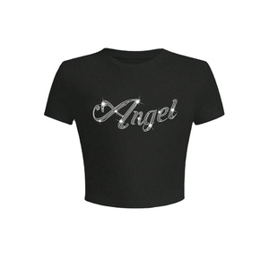 OEM Custom Logo Sparkle <b>Rhinestone</b> Crop T Shirt Women Slim Fit Short Sleeve Fashion <b>Top</b> Cotton Casual Streetwear women's shirt - Product Image 1