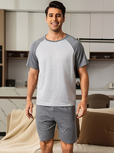 Men's Summer Pajama Set Casual Thin Short Sleeve Round Neck T-Shirt Shorts Leisure Sleepwear Outfit 100% Cotton Breathable - Product Image 3