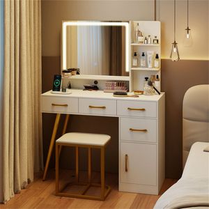 White <b>Makeup</b> Vanity Desk with LED Lighted 27\" X 20\" <b>Mirror</b> Charging Station Stool 8 Storage Spaces - Product Image 3