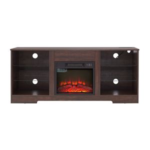 Customizable Modern TV <b>Stand</b> Electric Fireplace 3D LED Lights Glass <b>Shelves</b> Wood USB Charging Outlet Contemporary Television - Product Image 6