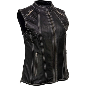 Samroz Sports Women’s Lashes Black Leather Club Style Motorcycle Rider <b>Vest</b> w/Concealed Closure - Product Image 1