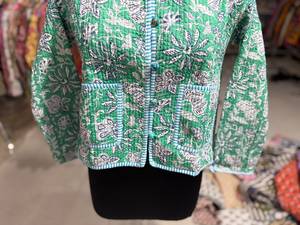 Green Floral Printed <b>Quilted</b> Cotton <b>Jacket</b> With Mandarin Collar Full Sleeve Autumn Women's Wear GIFT FOR HER - Product Image 5