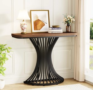 Console moderne en bois de noyer avec base en métal noir pour l'entrée ou le salon - Product Image 2