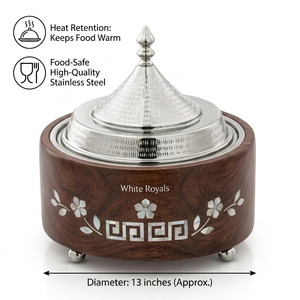 Olla térmica de madera artesanal con incrustaciones florales árabes tradicionales y tapa cónica de acero inoxidable. - Product Image 4